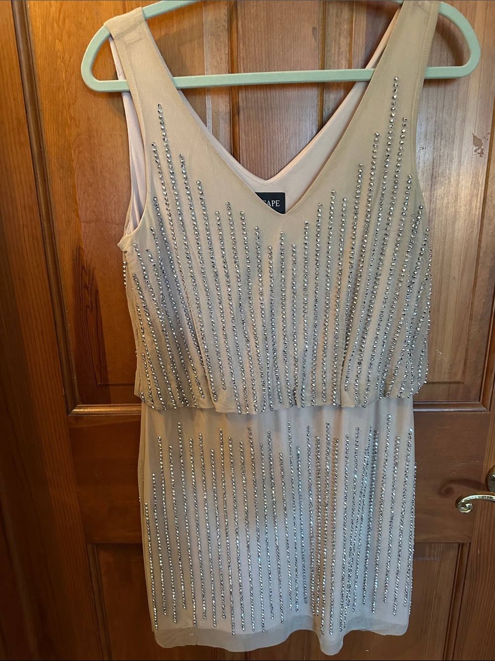 Xscape Beige Sleeveless Beaded Evening Dress